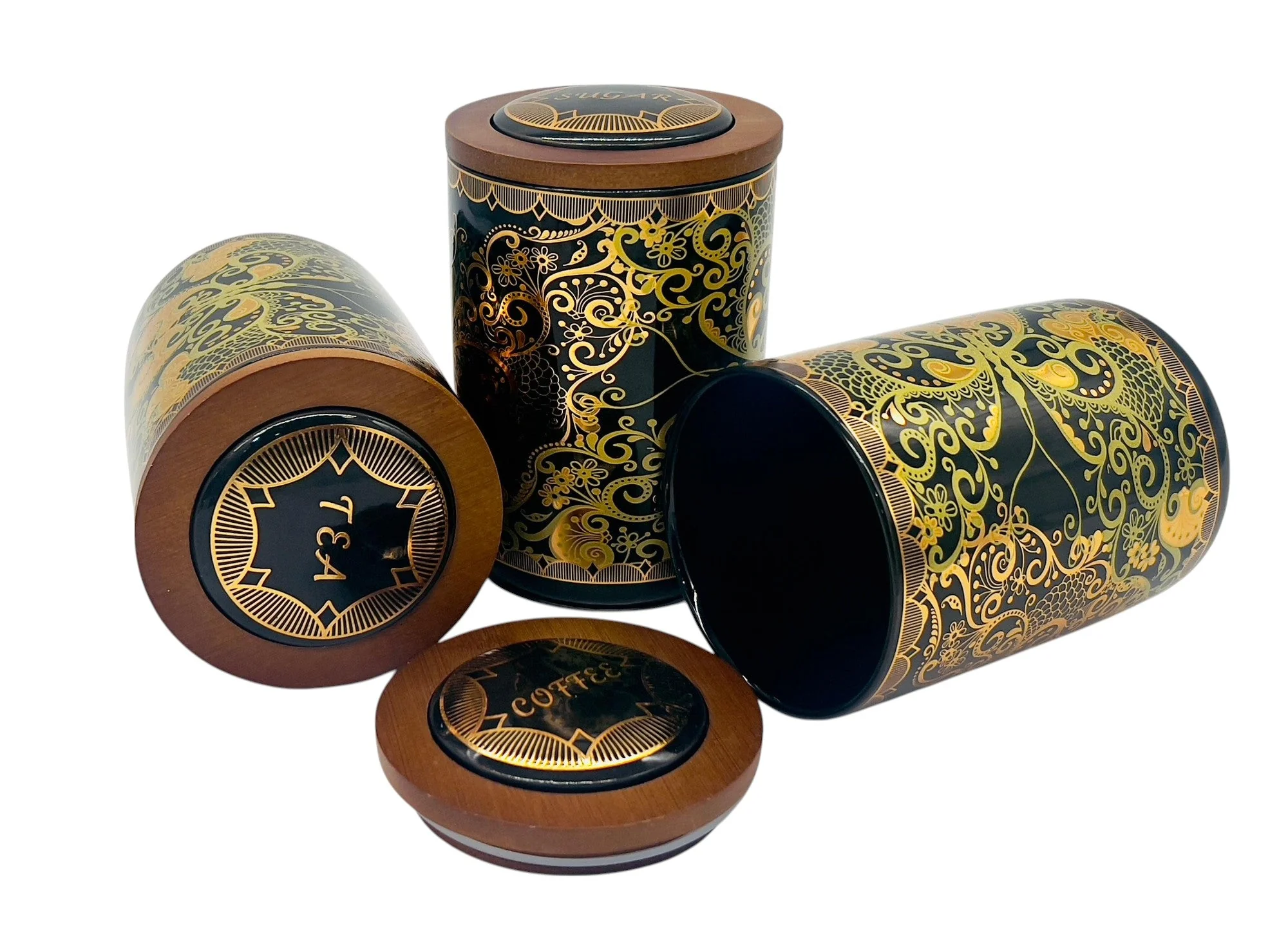AKDC Ceramic Set of 3 Canister 1 Liter * 3 with a Wooden Lid, Black and Golden Floral Design - Image 2