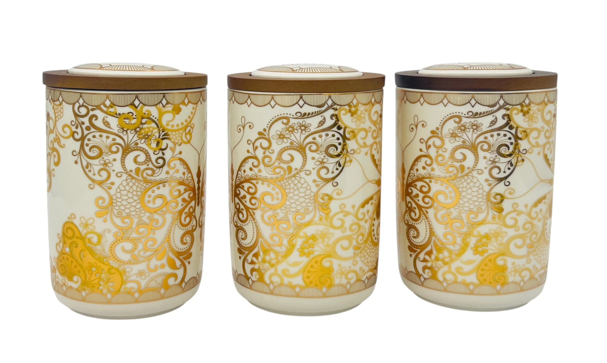 AKDC Ceramic Set of 3 Canister 1 Liter * 3 with Wooden Lid, White and Golden Floral Design