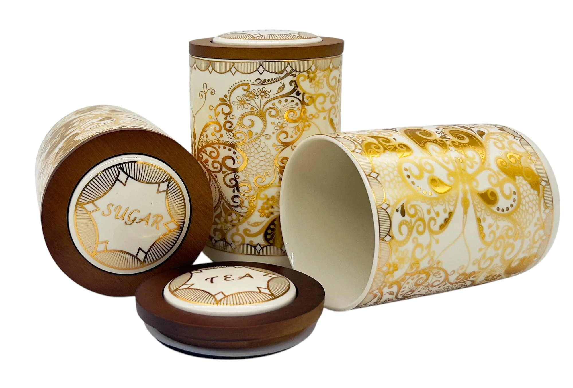 AKDC Ceramic Set of 3 Canister 1 Liter * 3 with Wooden Lid, White and Golden Floral Design - Image 2