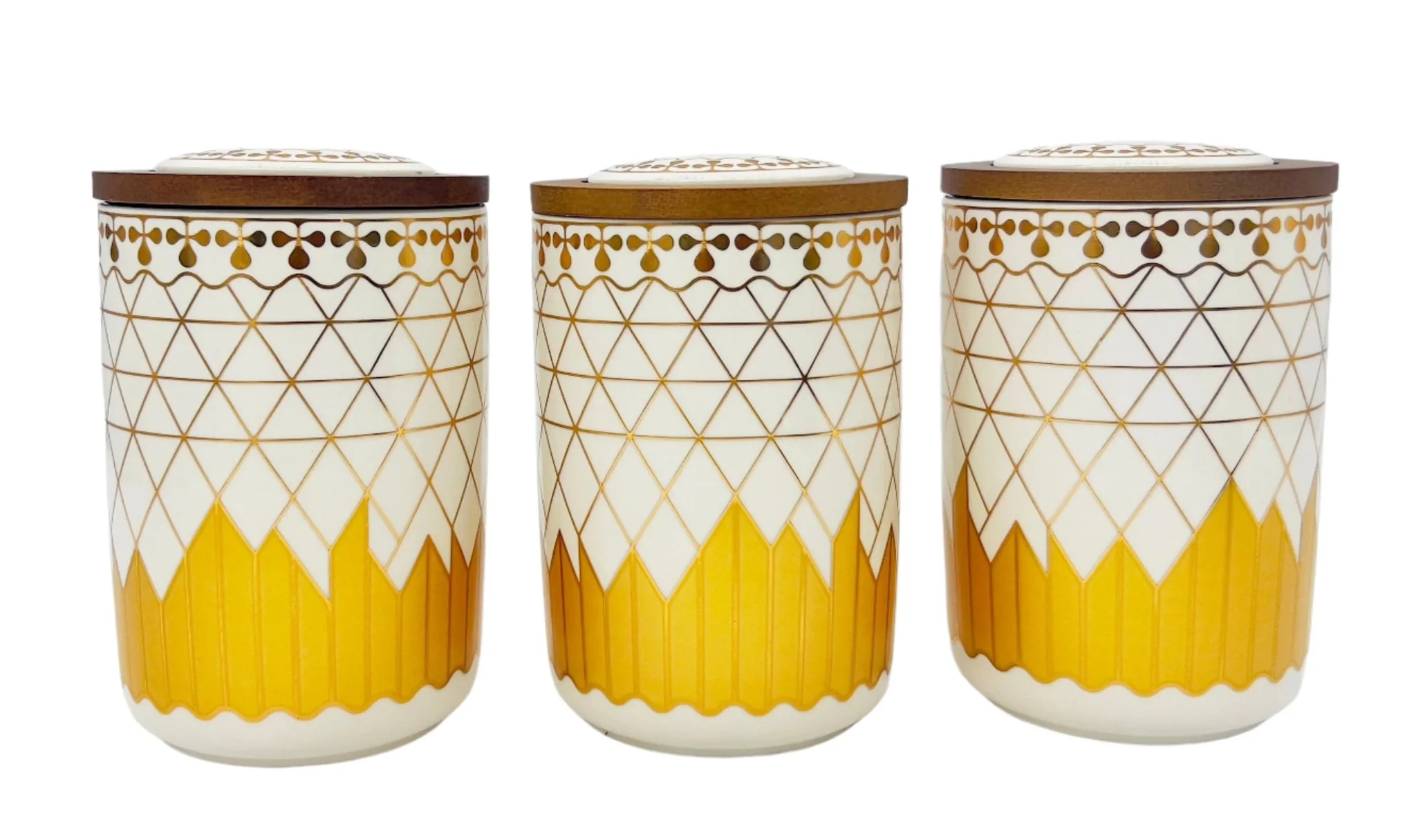 AKDC Ceramic Set of 3 Canister 1 Liter * 3 with Wooden Lid, White and Golden Line Design