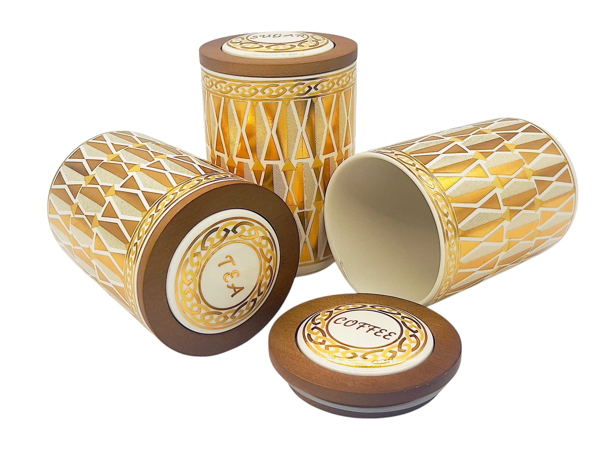 AKDC Ceramic Set of 3 Canister 1 Liter * 3 with a Wooden Lid, White and Golden triangle Design - Image 2