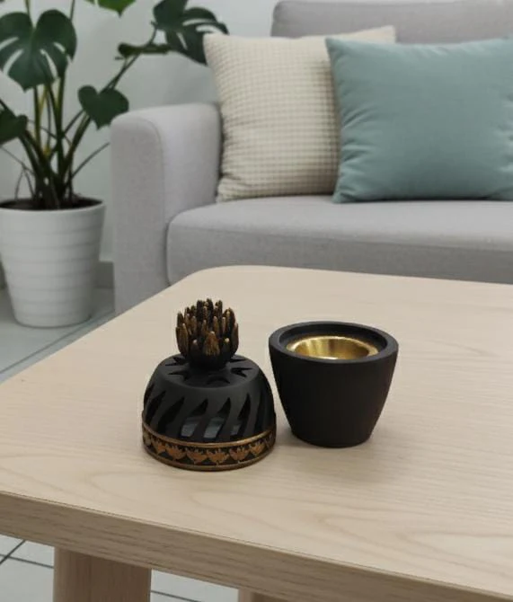 AKDC Chalk Designer Incense Burner – Brown with Gold Detailing – 16 cm Premium Display Burner - Image 2
