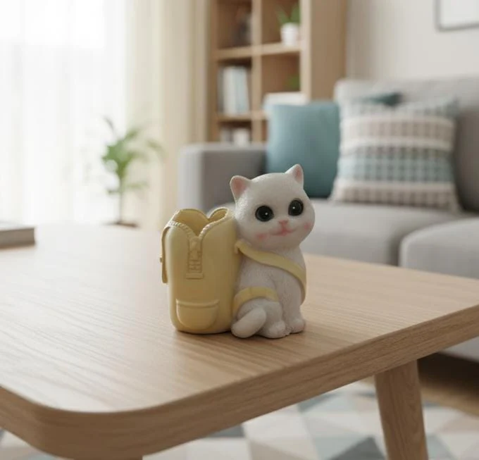 AKDC Charming Polyresin Cat with Bag Pen Holder – White & Yellow Decorative Desk Organizer 12 cm - Image 2