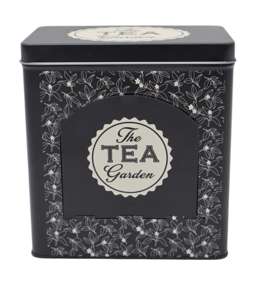 AKDC Classic Black Metal Tea Powder Canister with Iconic Tea Logo – Secure and Modern Storage for Freshness, 18×10 cm