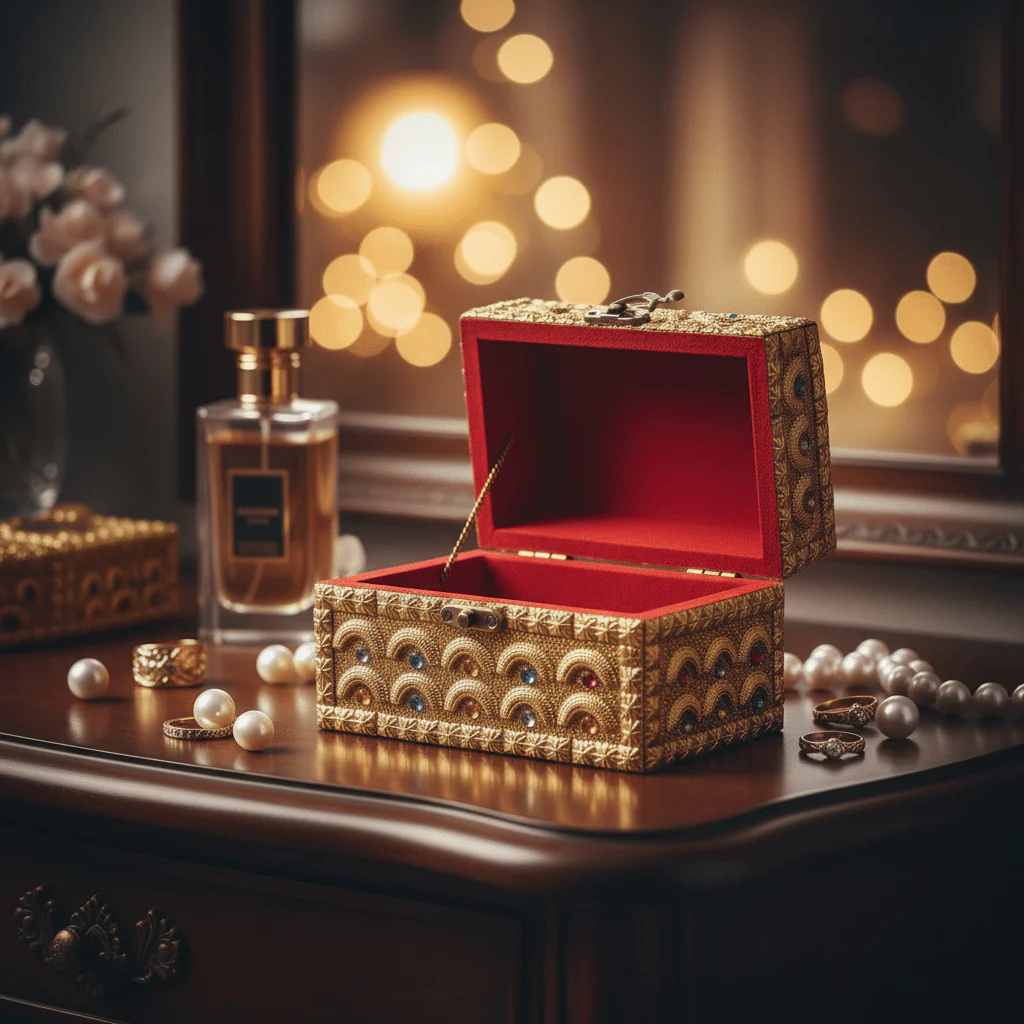 AKDC Classic Golden Wooden Jewellery Chest with Vintage Brass-Tone Latch Closure, Storage Box (6 inch) - Image 2