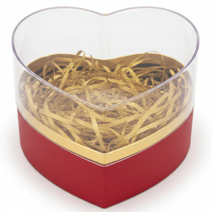 AKDC Classic Red Heart Cardboard Gift Box with Plastic Lid & Ribbon Ties for Romantic Gifts, Chocolates & Special Occasions – 11×11 cm