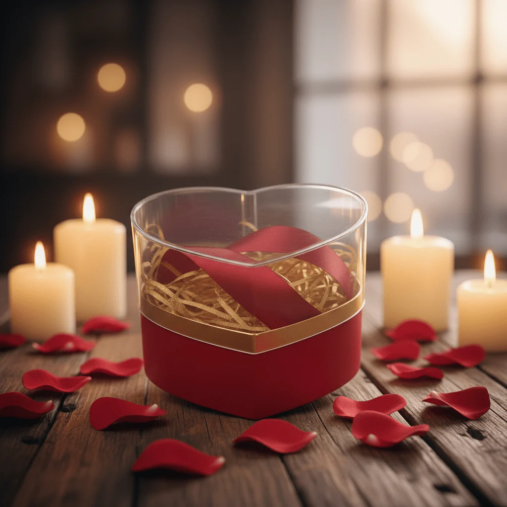 AKDC Classic Red Heart Cardboard Gift Box with Plastic Lid & Ribbon Ties for Romantic Gifts, Chocolates & Special Occasions – 11×11 cm - Image 2