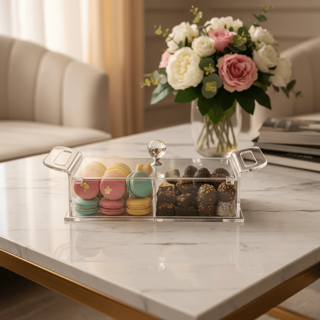 AKDC Clear Acrylic 2 Section Candy Storage Box with Lid Transparent Organizer for Sweets and Snacks 25x13x6 cm - Image 3