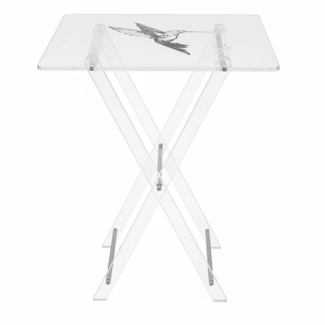 AKDC Clear Acrylic Coffee Table Set with Bird Print Design Modern Decorative Foldable 4-Piece Furniture 50x40x47 cm