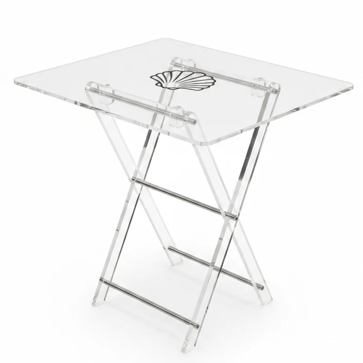 AKDC Clear Acrylic Folding Coffee Table Set with Black Shell Print Artwork Unique Decorative 4-Piece Set 50x40x47 cm