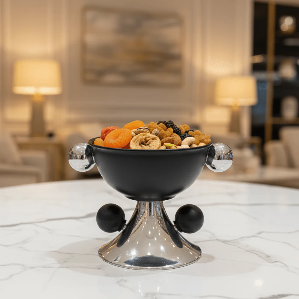 AKDC Compact Black and Silver Metal Footed Candy Bowl with Sleek Design for Everyday Use – 12×12 cm - Image 2