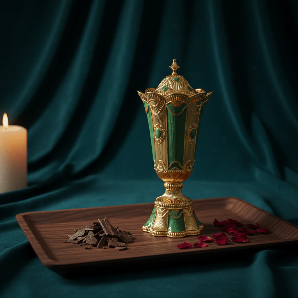 AKDC Compact Green & Gold Incense Burner – Decorative Bakhoor Burner for Home 20 cm - Image 2