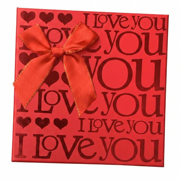 AKDC Compact Red Square Cardboard Gift Box with Love Print for Small Gifts, Jewelry Packaging & Valentine Presents – 16×16×8 cm