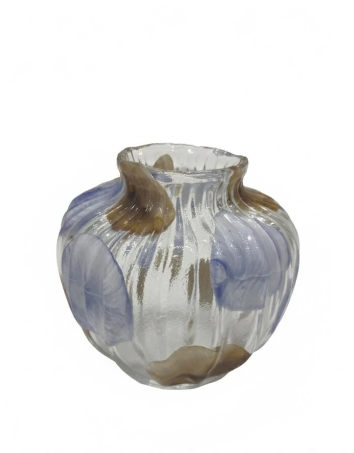AKDC Compact Transparent Glass Vase with Classic Brown & Blue Pattern – 16×18 cm Home Decoration