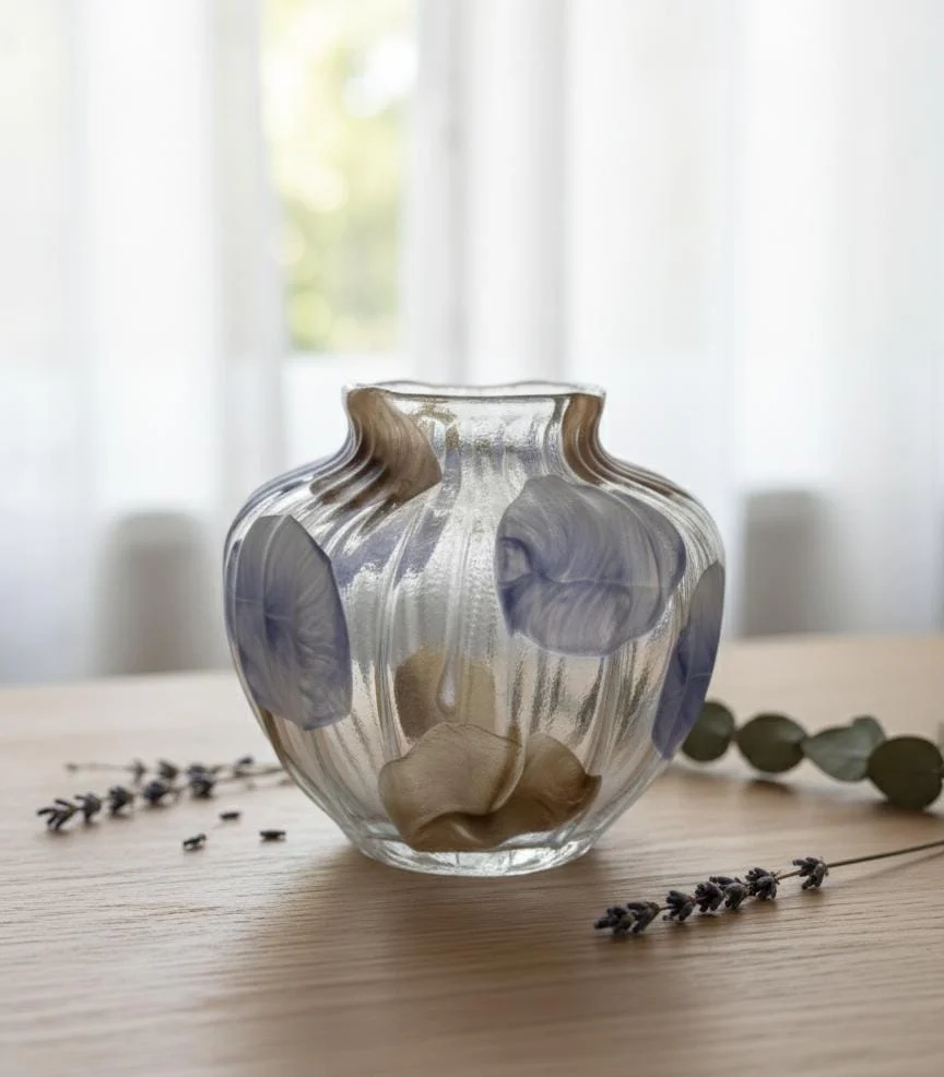 AKDC Compact Transparent Glass Vase with Classic Brown & Blue Pattern – 16×18 cm Home Decoration - Image 2