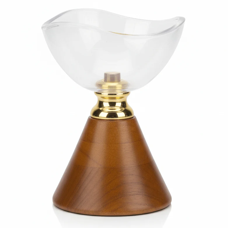 AKDC Compact Wooden Footed Glass Fruit Bowl – Decorative Table Piece for Small Spaces – 15x12 cm