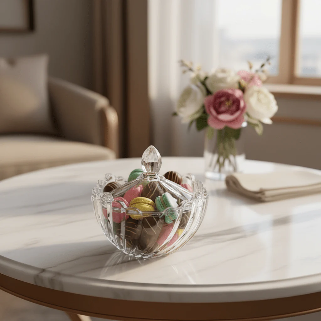 AKDC Covered Glass Candy Bowl Elegant Serving Bowl for Sweets Nuts and Snacks 15 x 10 cm - Image 2