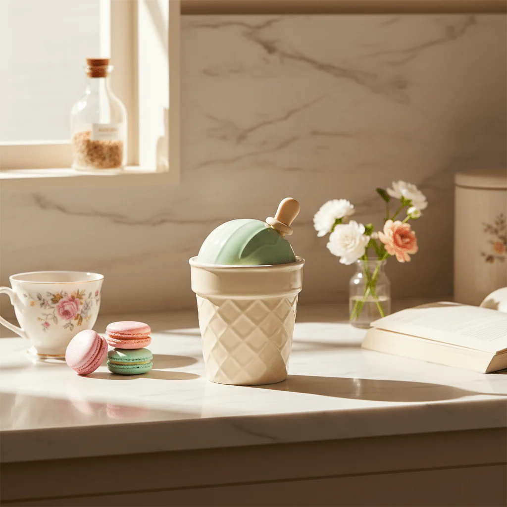 AKDC Cream Ceramic Ice Cream Mug Cup with Lid for Desserts, Coffee & Specialty Drinks – 150ml - Image 2