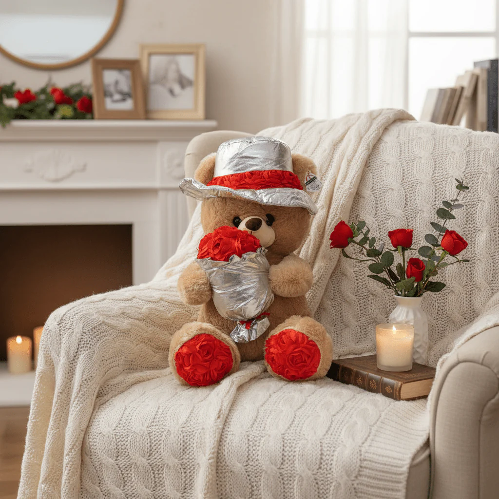 AKDC Cream Color Teddy Bear Soft Plush Toy with Decorative Flower Bouquet – 40 cm Gift Stuffed Animal - Image 2