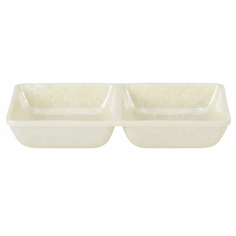 AKDC Cream Speckled Melamine Rectangle 2 Portion Sauce Bowl 14.5 x 7 cm Dual Section Bowl for Dips and Sauces