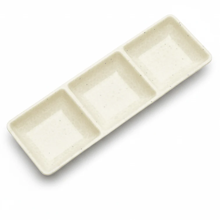 AKDC Cream Speckled Melamine Rectangle 3 Portion Sauce Bowl 3.5 Inch Triple Section Dip Tray for Condiments