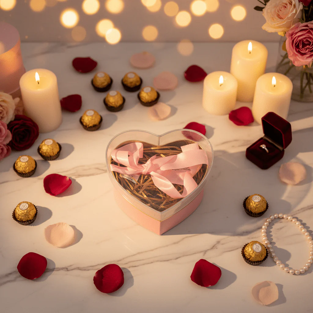AKDC Cute Pink Heart-Shaped Cardboard Gift Box with Clear Plastic Lid & Ribbon Ties for Chocolates, Jewelry & Valentine Gifts – 11×11 cm - Image 2