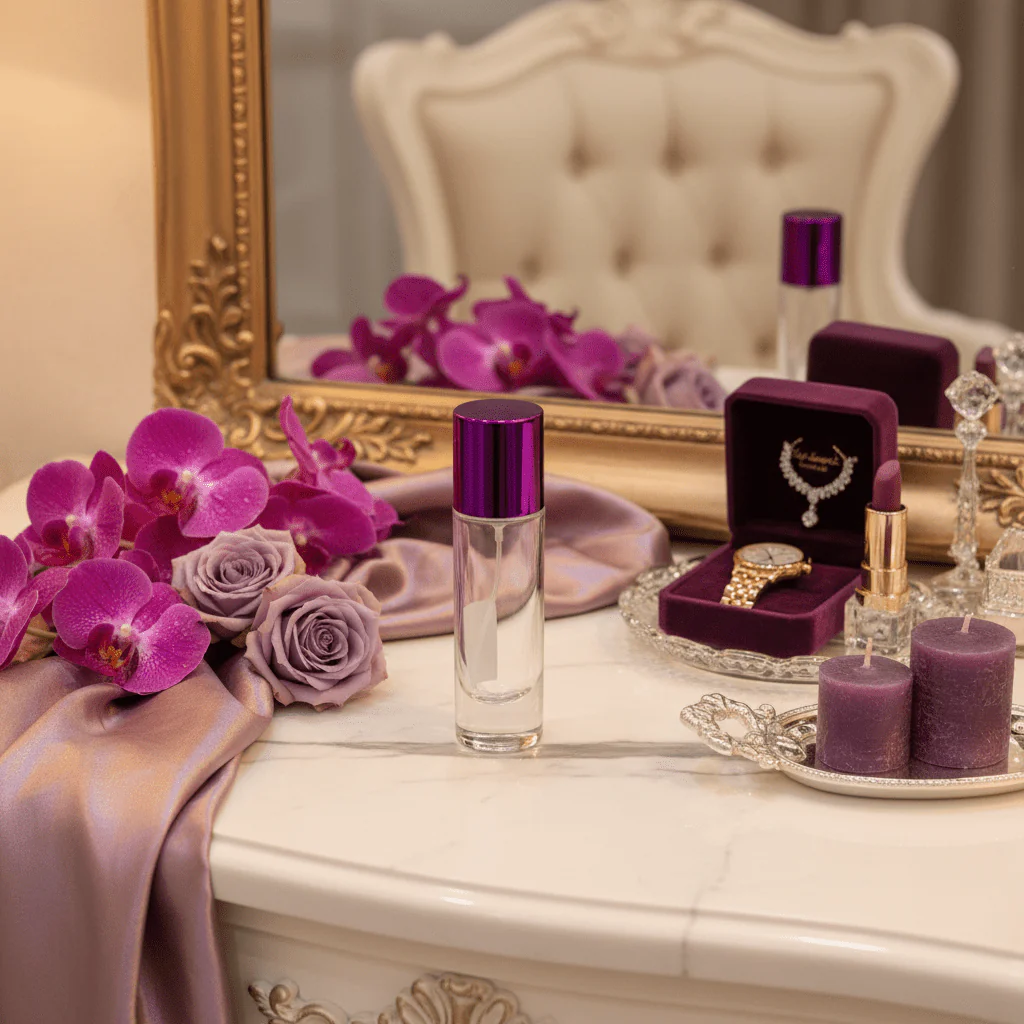AKDC cylindrical 30ml refillable glass perfume bottle with purple cap modern stylish fragrance container gift - Image 2