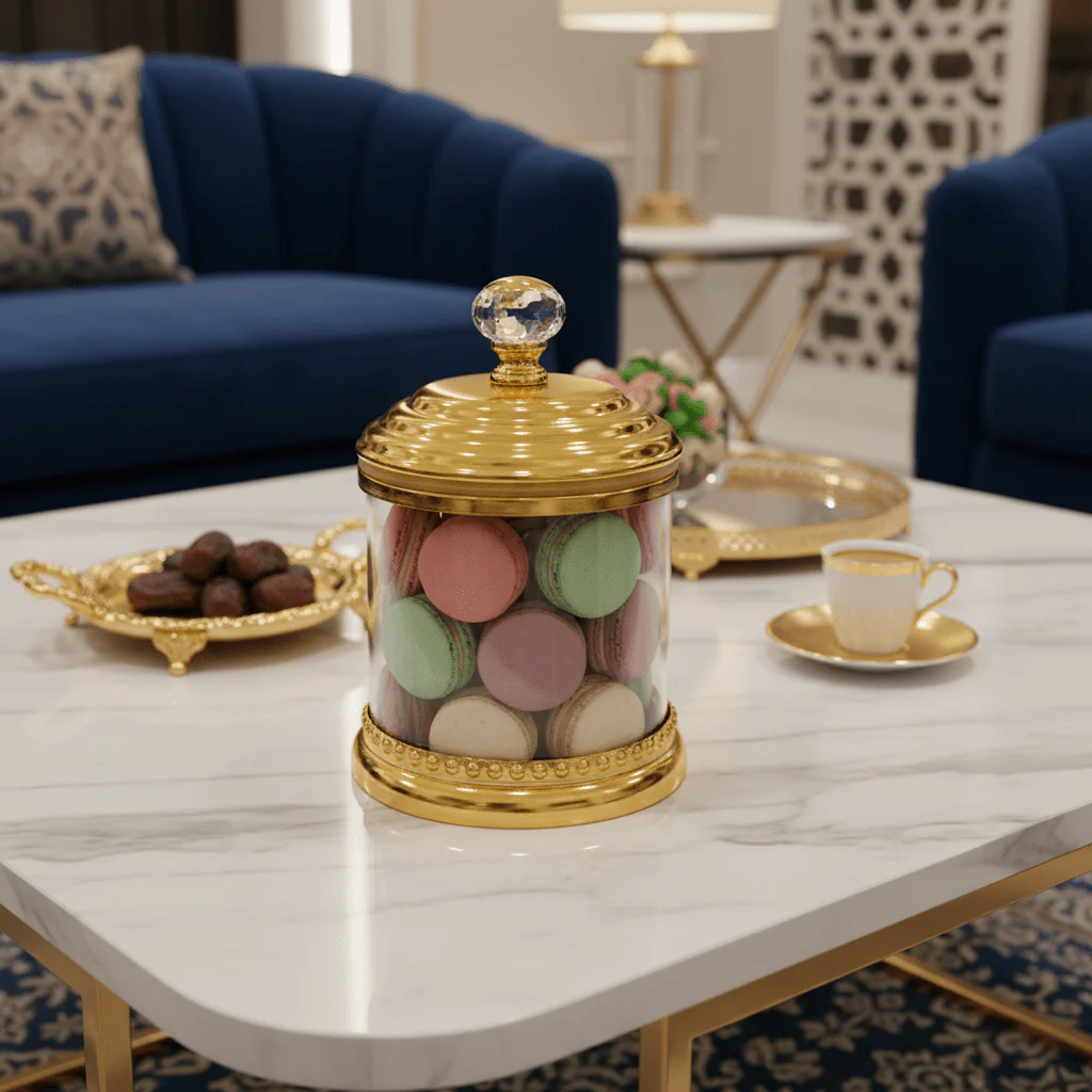 AKDC Cylindrical Glass Sugar Pot with Golden Lid & Base – Luxury Table Storage Container for Sugar Candy & Dry Foods – 22x12 cm - Image 2