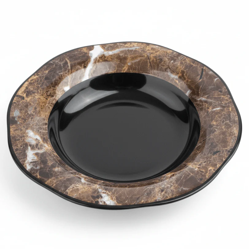 AKDC Dark Brown Melamine Soup Plate with Black Edge, Deep Round Plate for Soups & Curries – 9.25 Inch