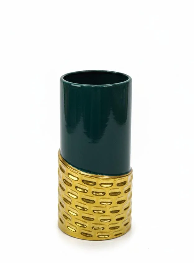 AKDC Dark Green Glass Vase with Gold Detailing – Premium Luxury Home Decor – 26×15 cm