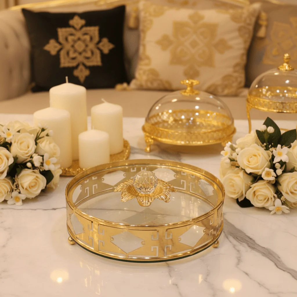 AKDC Decorative Round Gold Candy Jar with Glass Finish – Premium Sweet & Dates Storage 20 cm - Image 2