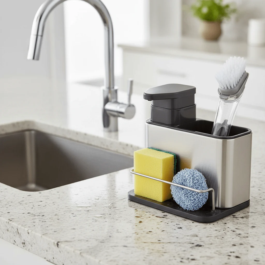 AKDC Deluxe Stainless Steel Kitchen Sink Organizer with Built-In Soap Dispenser, Sponge Holder & Brush Stand – Complete Sink Storage System (180×128×188 mm) - Image 2
