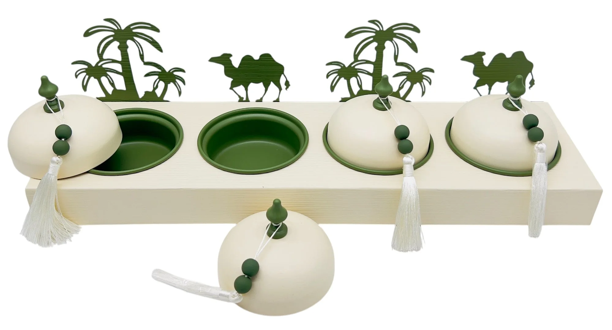 AKDC Desert Oasis Metal 4pcs Candy Bowls with Tray 51cm*14.5cm*14cm, Ivory/Green - Image 3