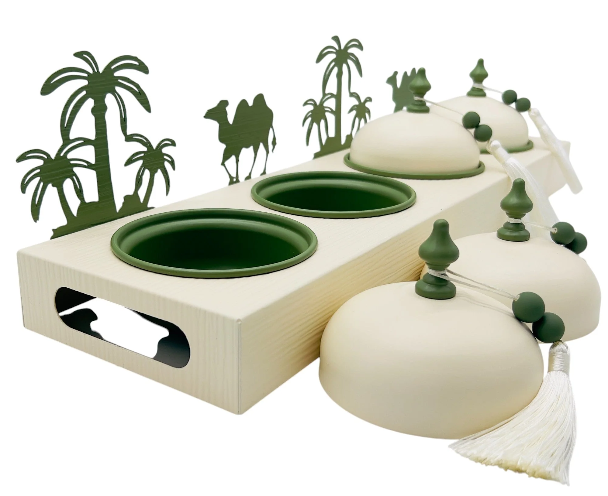 AKDC Desert Oasis Metal 4pcs Candy Bowls with Tray 51cm*14.5cm*14cm, Ivory/Green - Image 4