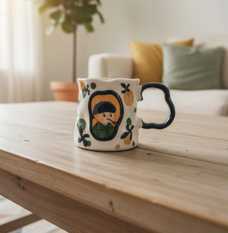 AKDC Designer 400ml White Ceramic Mug with Black and Boy Illustration – Unique Artistic Coffee Mug for Modern Style Lovers