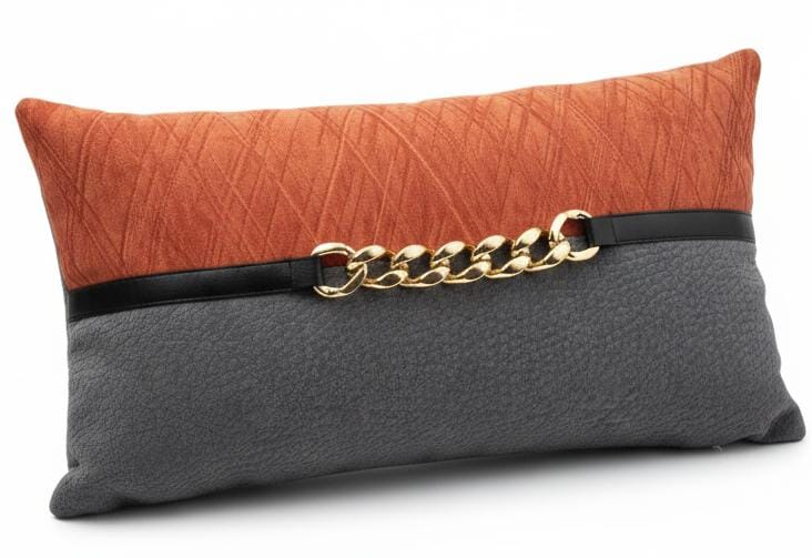 AKDC Designer Accent Lumbar Cushion with Gold Chain Center Detail – Gray & Orange Cotton, 30×50 cm