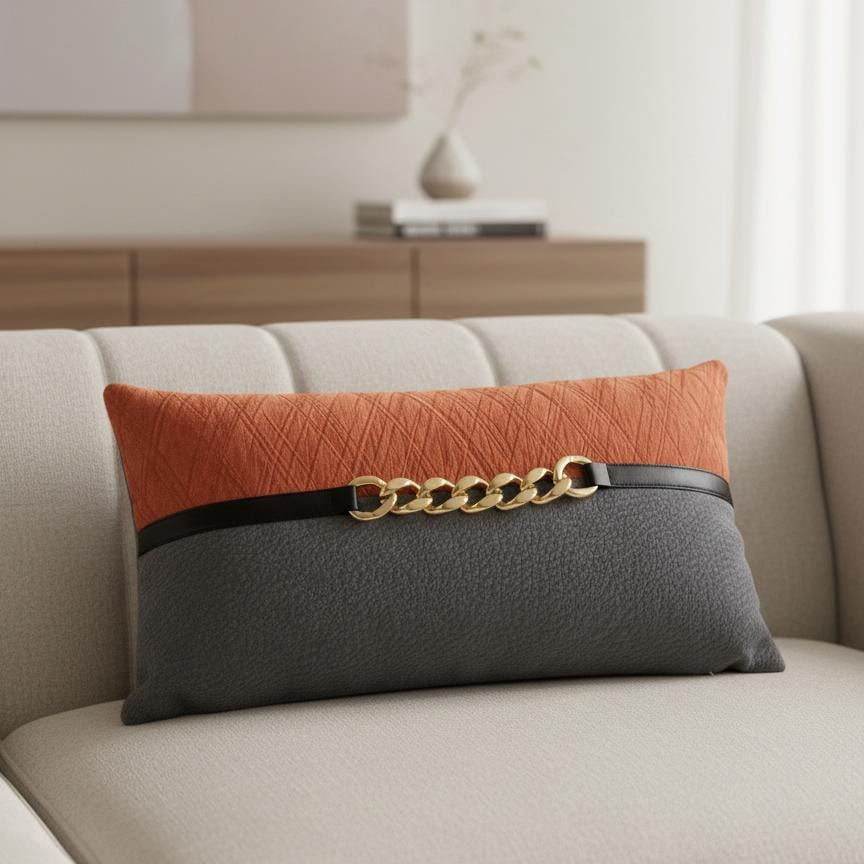 AKDC Designer Accent Lumbar Cushion with Gold Chain Center Detail – Gray & Orange Cotton, 30×50 cm - Image 3