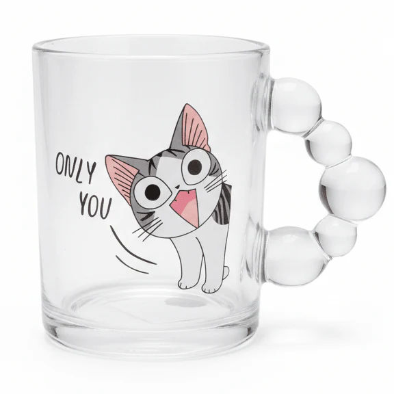 AKDC Designer Cat Print Clear Glass Mug with Elegant Handle for Gift and Home Use 300ml