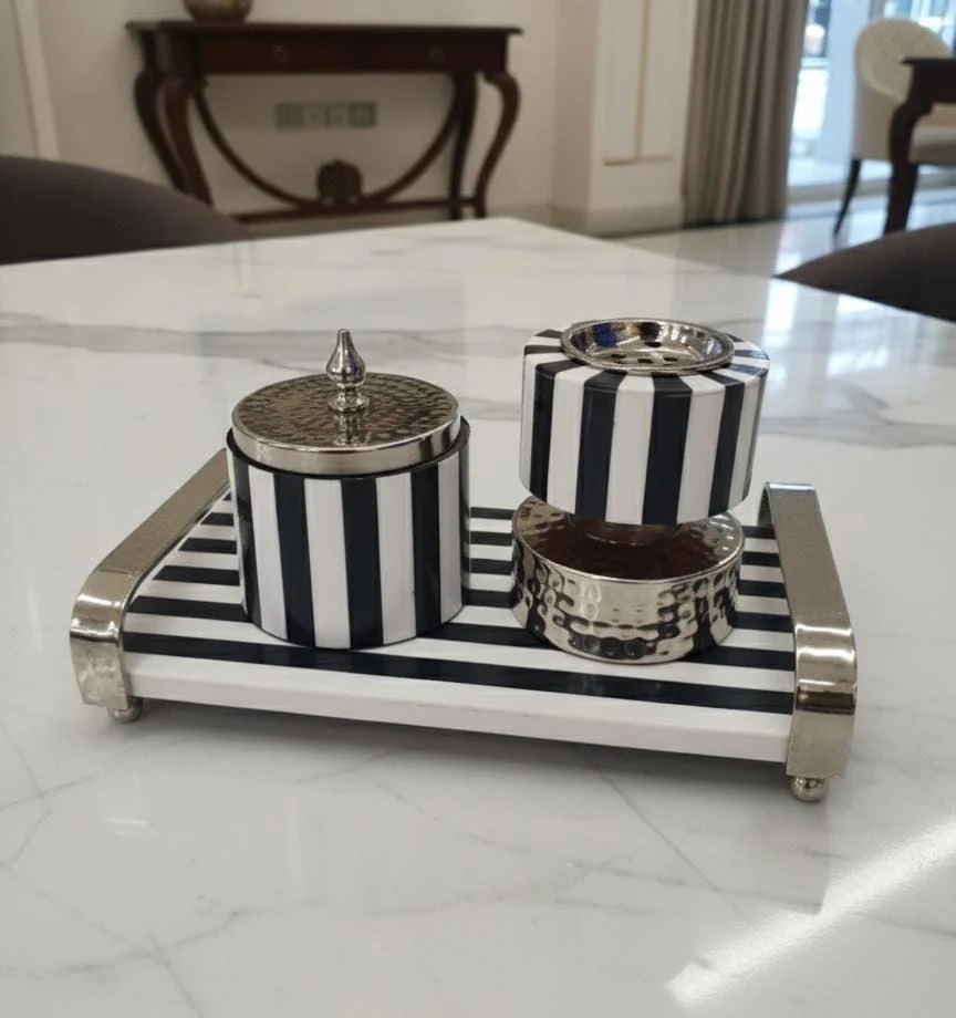AKDC Designer Metal & Wooden Incense Burner with Container & Tray 29x14 cm – Black & White Zebra Pattern Decorative Aroma Set