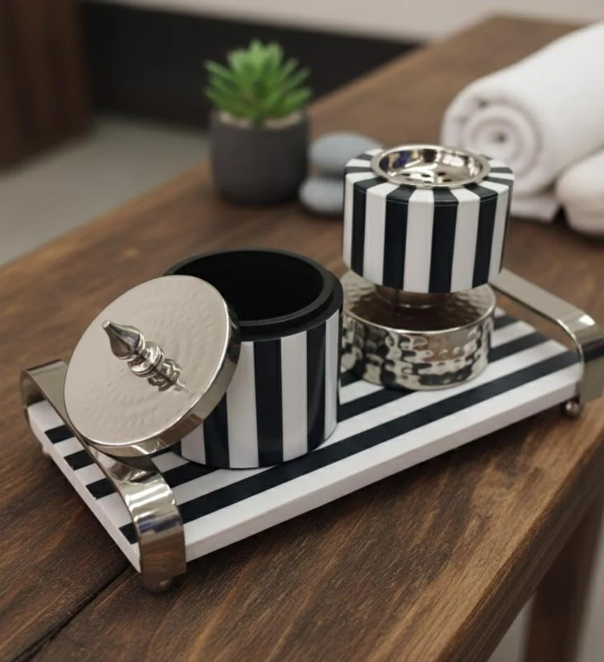 AKDC Designer Metal & Wooden Incense Burner with Container & Tray 29x14 cm – Black & White Zebra Pattern Decorative Aroma Set - Image 2
