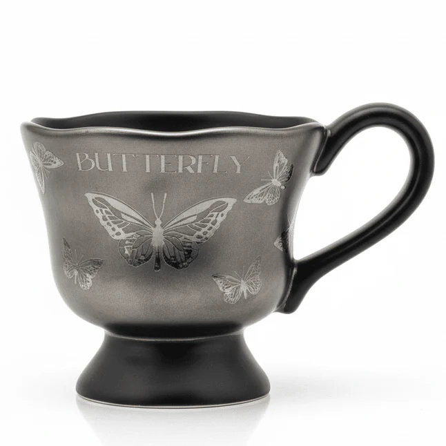AKDC Designer Silver & Black Ceramic Mug with Butterfly Artwork, Stylish Everyday Coffee Mug 200ml