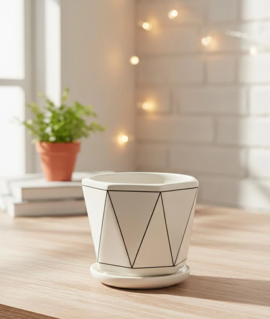 AKDC Designer White Ceramic Pot with Black Geometric Triangle Line Pattern – 15×17 cm - Image 2