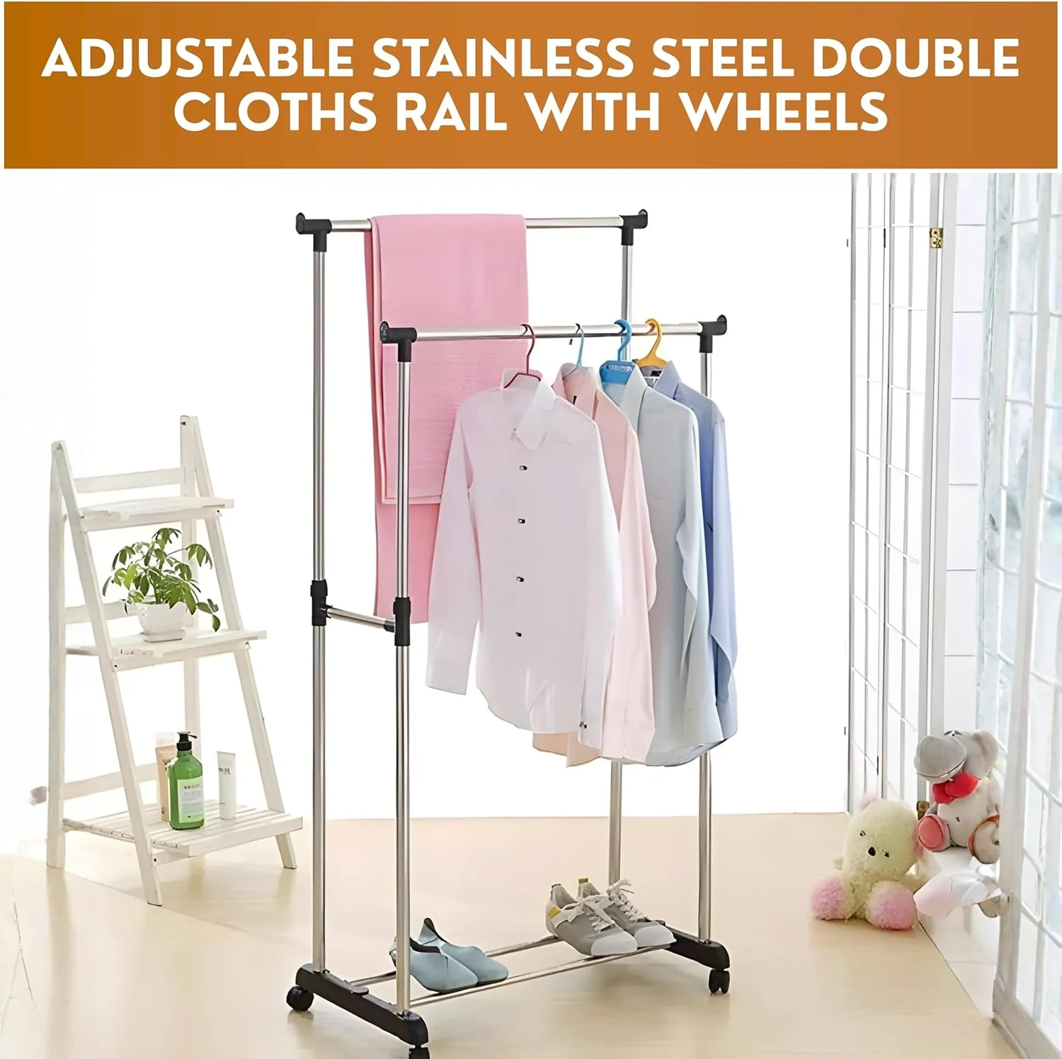 AKDC Double Pole Cloth Rack | Stainless Steel | 750L × 430W × 1000–1600H mm - Image 2