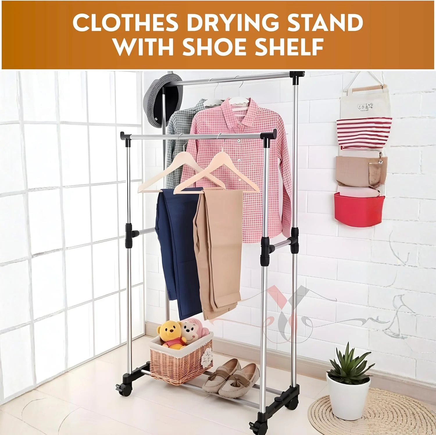 AKDC Double Pole Cloth Rack | Stainless Steel | 750L × 430W × 1000–1600H mm - Image 3