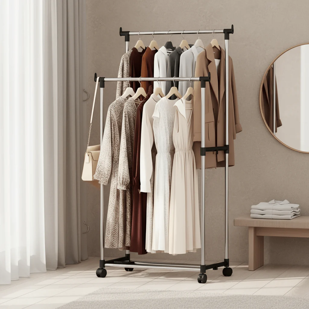 AKDC Double Pole Cloth Rack | Stainless Steel | 750L × 430W × 1000–1600H mm - Image 7