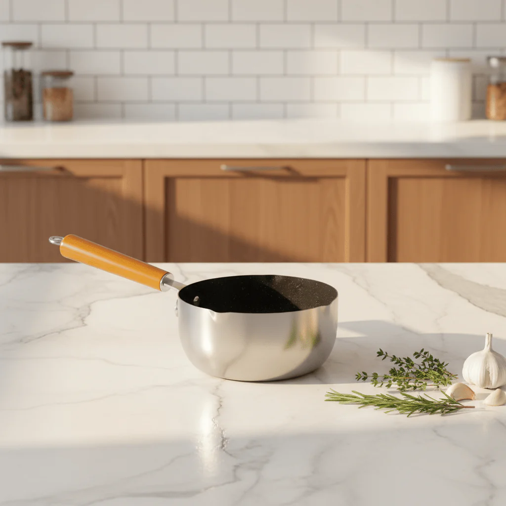 Dual-Tone Stainless Steel Sauce Pan with Wooden Handle – Modern Cooking Pot in Silver & Black Finish (24 cm) - Image 2