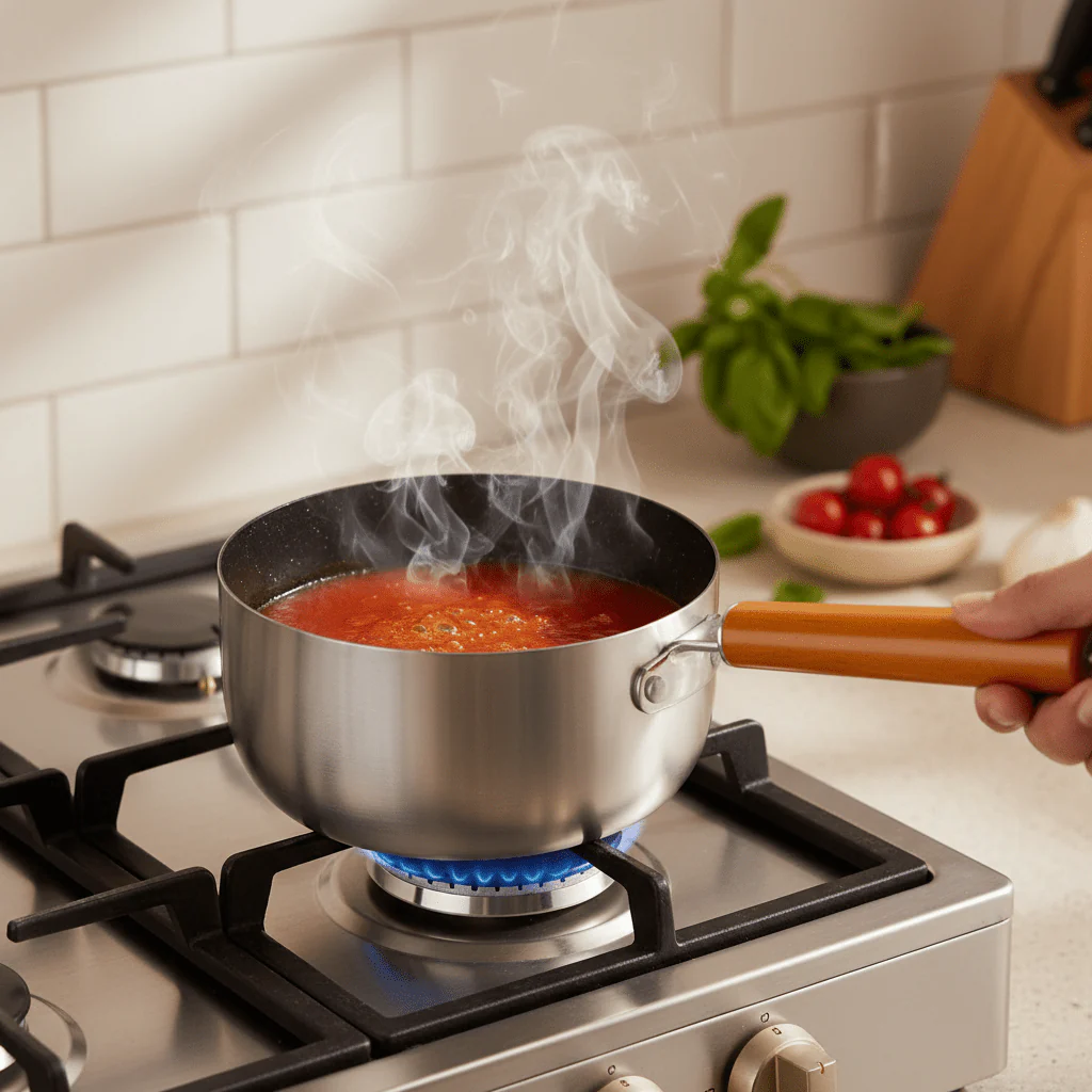 Dual-Tone Stainless Steel Sauce Pan with Wooden Handle – Modern Cooking Pot in Silver & Black Finish (24 cm) - Image 3