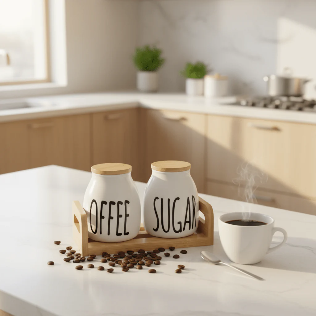 AKDC DuoStore 2-Piece White Ceramic Canister Set with Wooden Base & Lid Compact Kitchen Storage 23×10cm - Image 2