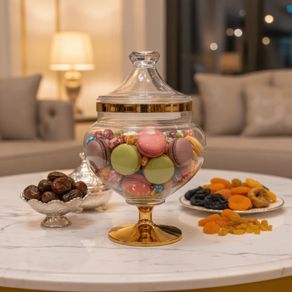 AKDC Elegant Acrylic Footed Candy Jar with Decorative Gold Pattern and Lid Clear Serving Container 18 × 12 cm - Image 2