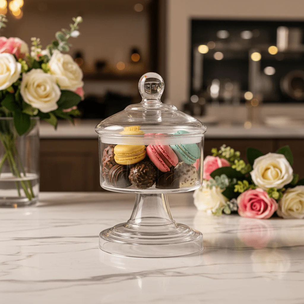 AKDC Elegant Acrylic Footed Candy Jar with Lid Clear Multipurpose Storage and Serving Container 15 × 13 cm - Image 2